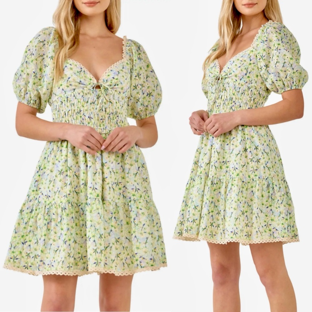 Free the Roses Green Floral Puff Sleeve Tiered Skirt Shirred Waist Mini Dress S